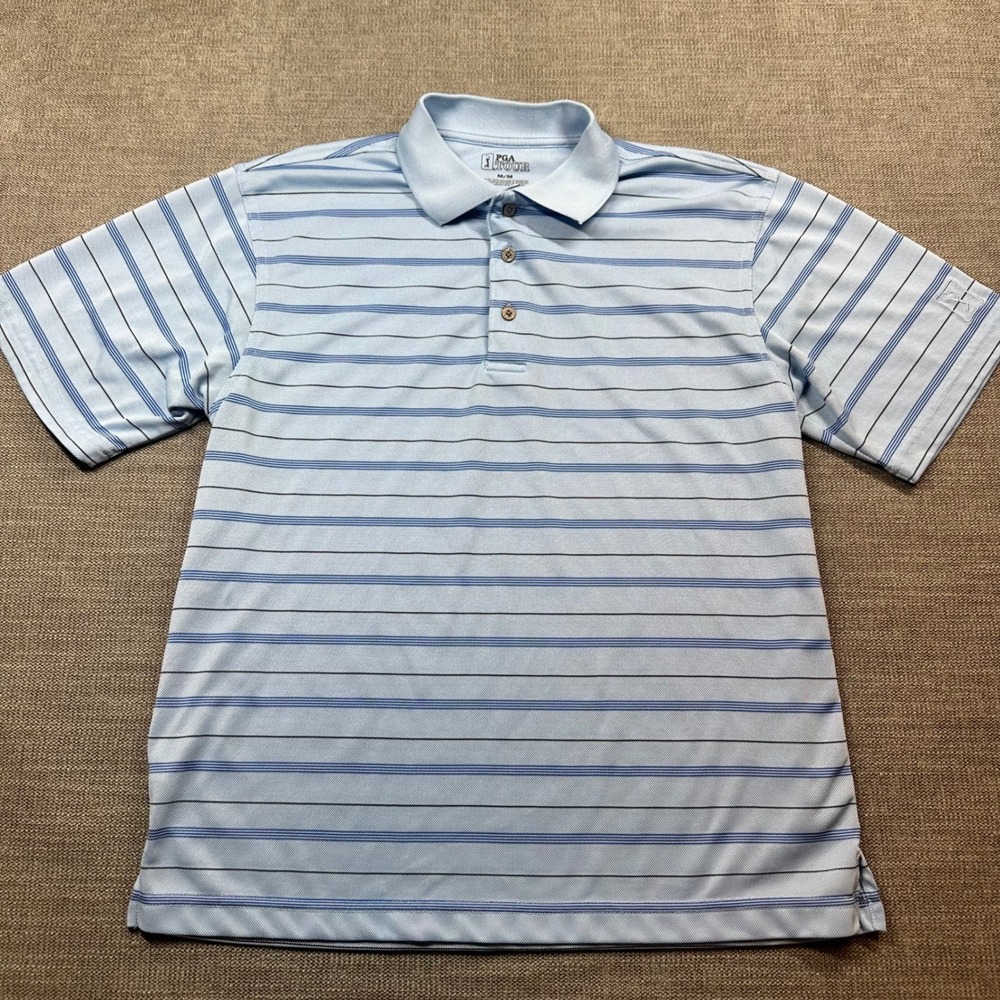 PGA Tour Polo Shirt Mens Medium Blue Striped Performance Golf Top